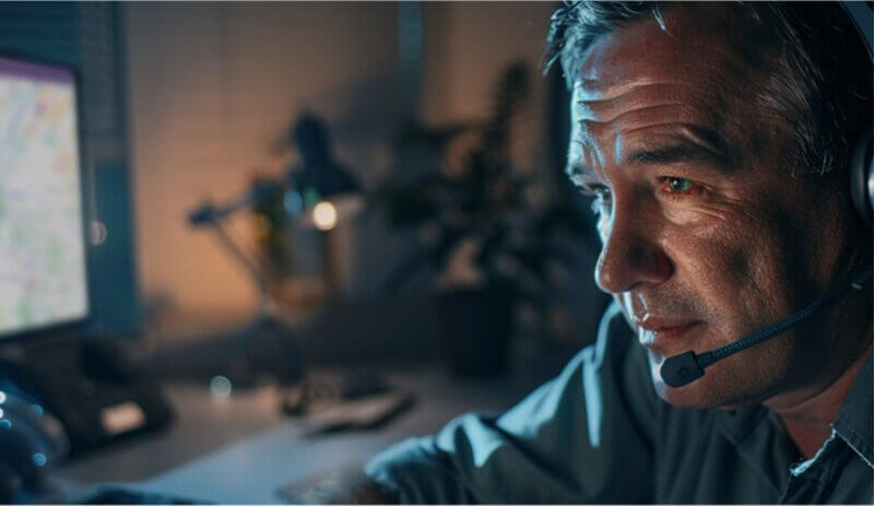 A man with headphones and a headset sits in front of a computer screen, focused on his work.
