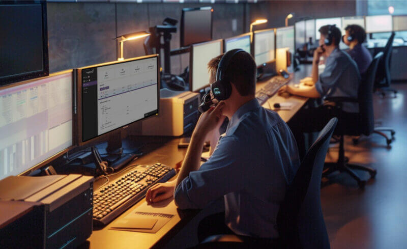 A man seated at a desk, focused on multiple computer monitors displaying various tasks and information.