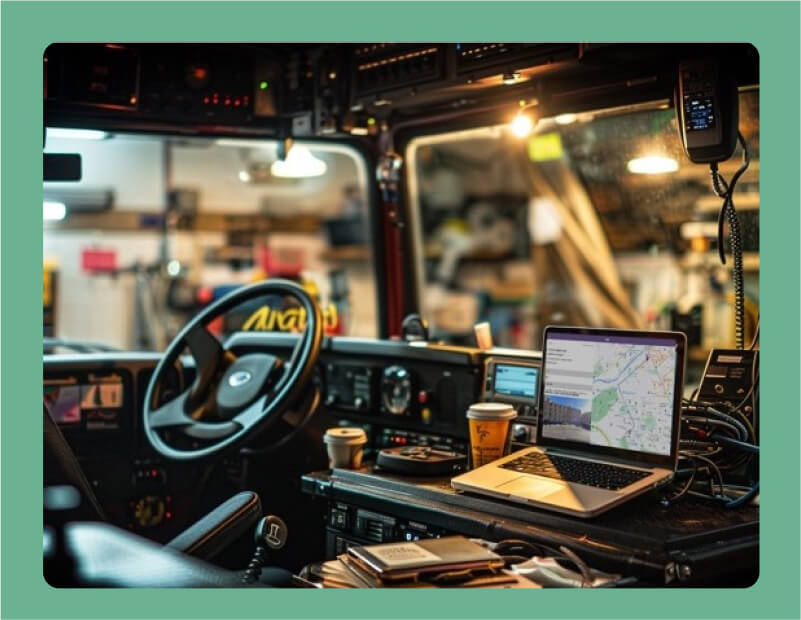 A laptop equipped with PrimeAlert software inside the cab of a fire truck, showcasing its suitability for emergency response tasks.