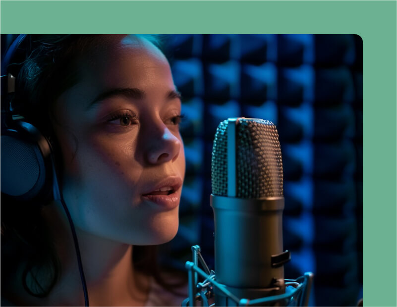 A woman wearing headphones passionately sings in a professional recording studio, surrounded by sound equipment.