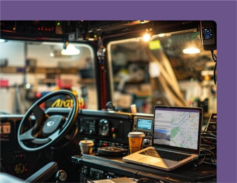 A laptop equipped with PrimeAlert software inside the cab of a fire truck, showcasing its suitability for emergency response tasks.